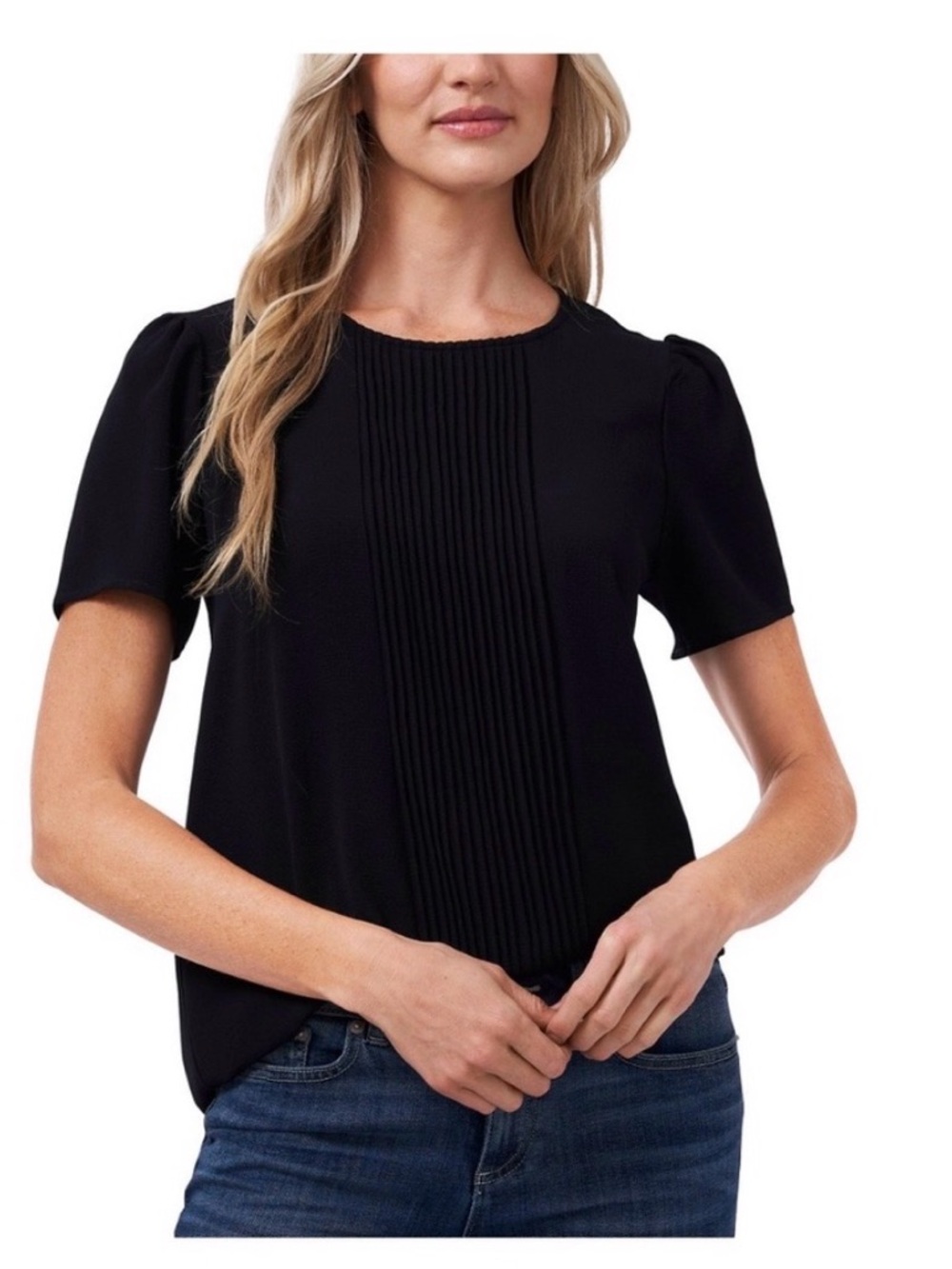 NWT CeCe Pintucked Front Crewneck Short Sleeve Top in Vibrant Pink.